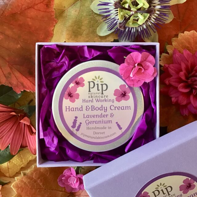 Hand and Body Cream with lavender and geranium in gift box.