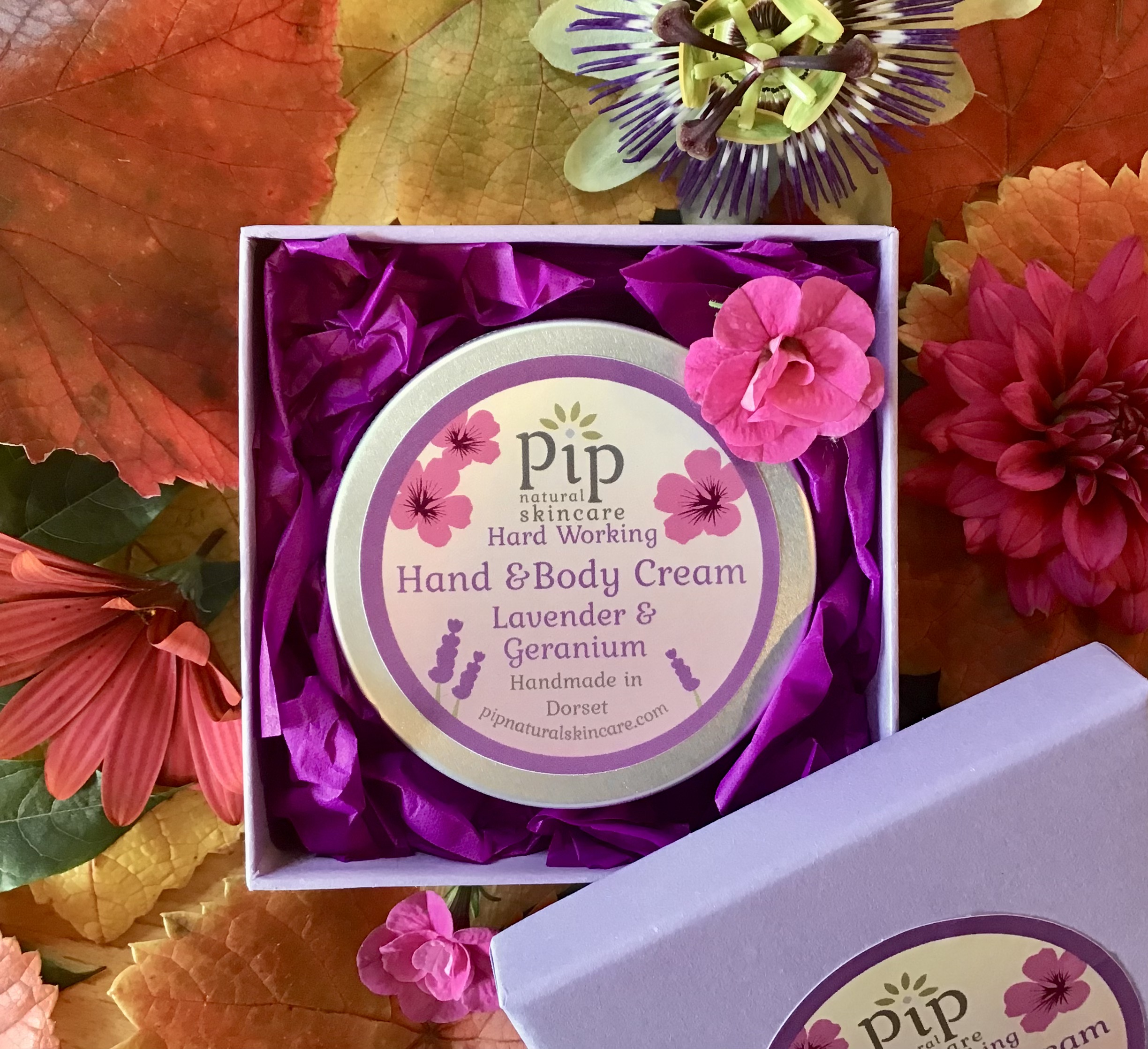 Hand and Body Cream with lavender and geranium in gift box.